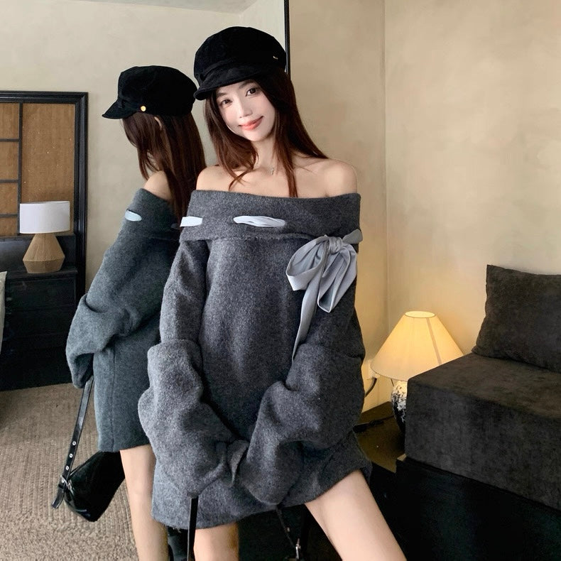 BIGリボンオフショルニットワンピース Mc 552