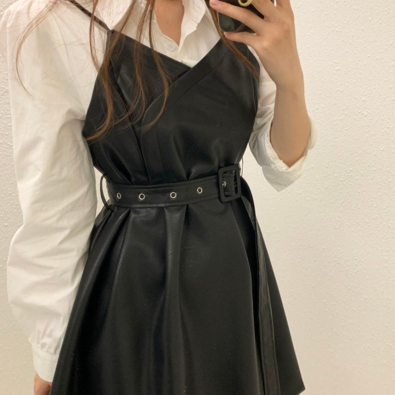 ベルト付きレザーキャミワンピース×シャツSET Mc 235