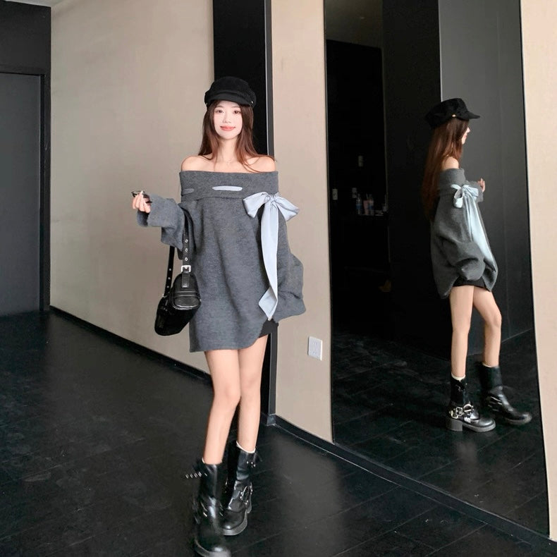 BIGリボンオフショルニットワンピース Mc 552