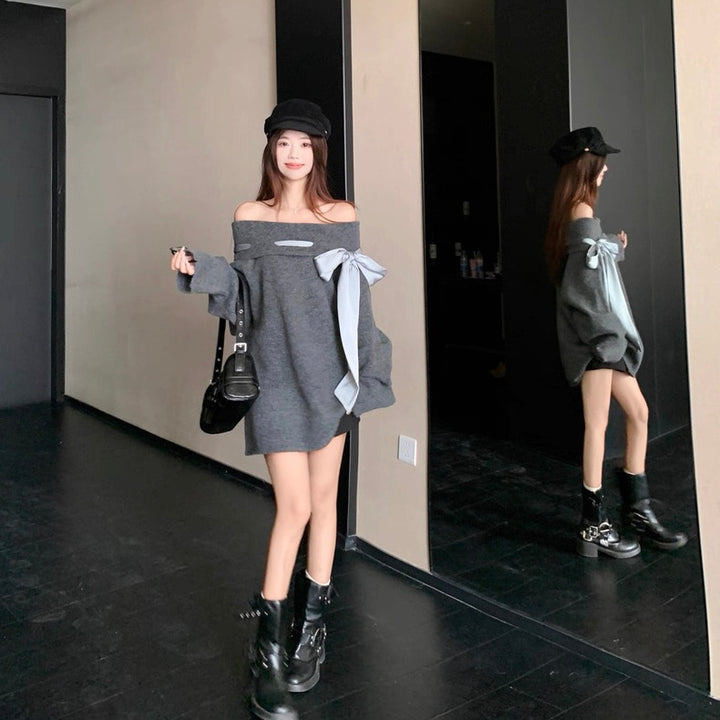 BIGリボンオフショルニットワンピース Mc 552