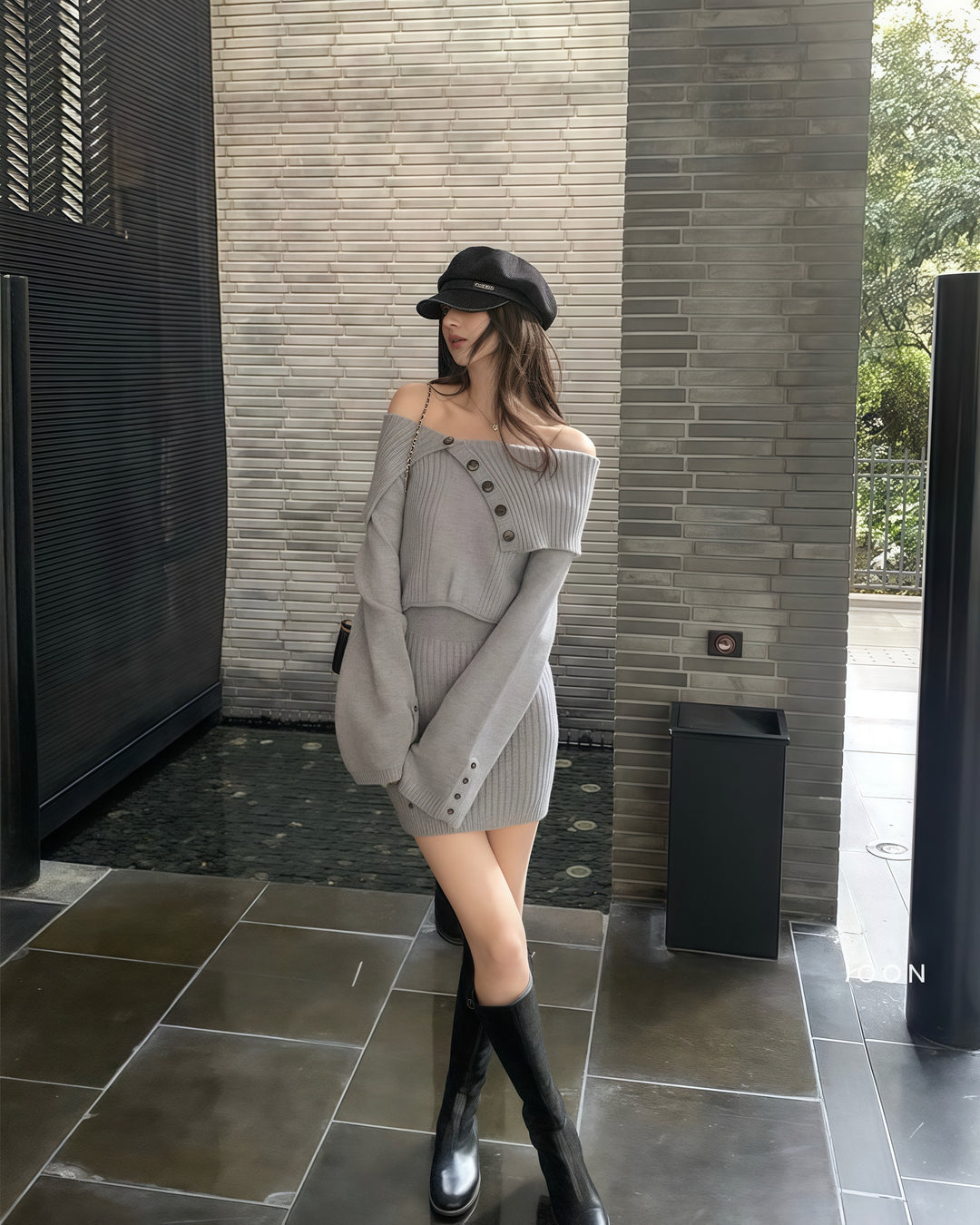 オフショルダーボタンタイトリブニットワンピース Mc 217