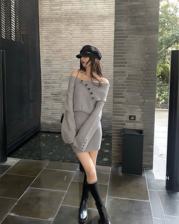 オフショルダーボタンタイトリブニットワンピース Mc 217