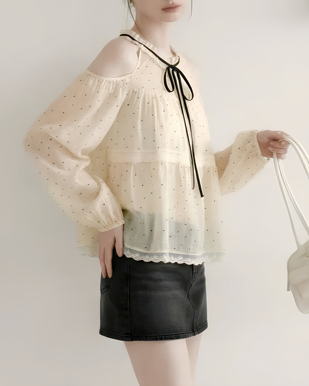ドットチュールオフショルリボンブラウス Mc 804