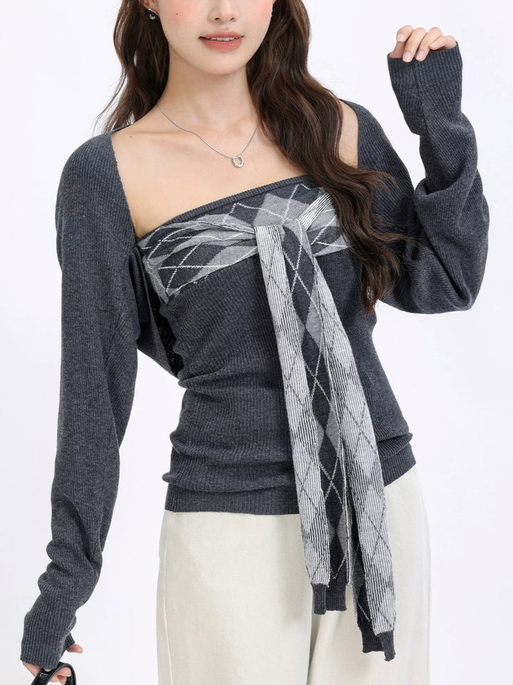 リボンアーガイルトップス×カーデニットセット Mc 613