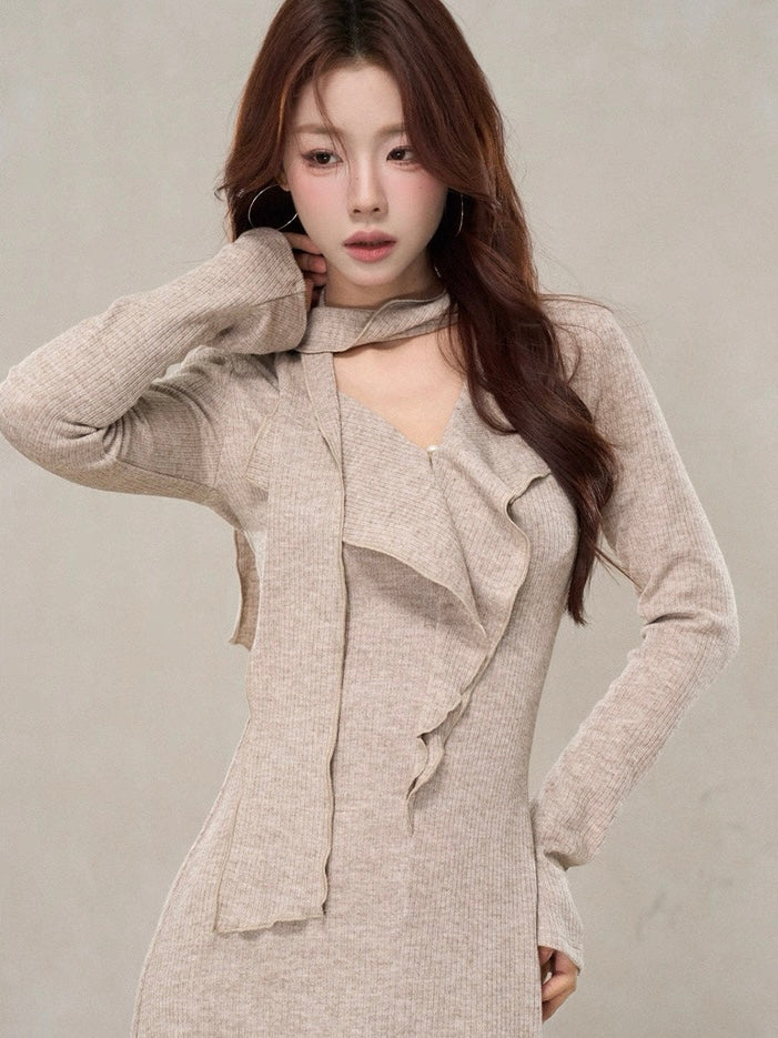 ラッフルスカーフデザインロングワンピース　Mc 580