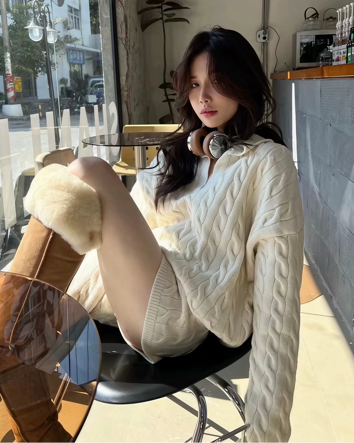 ポロ襟ツイストニット×ショートパンツセットアップ Mc 208