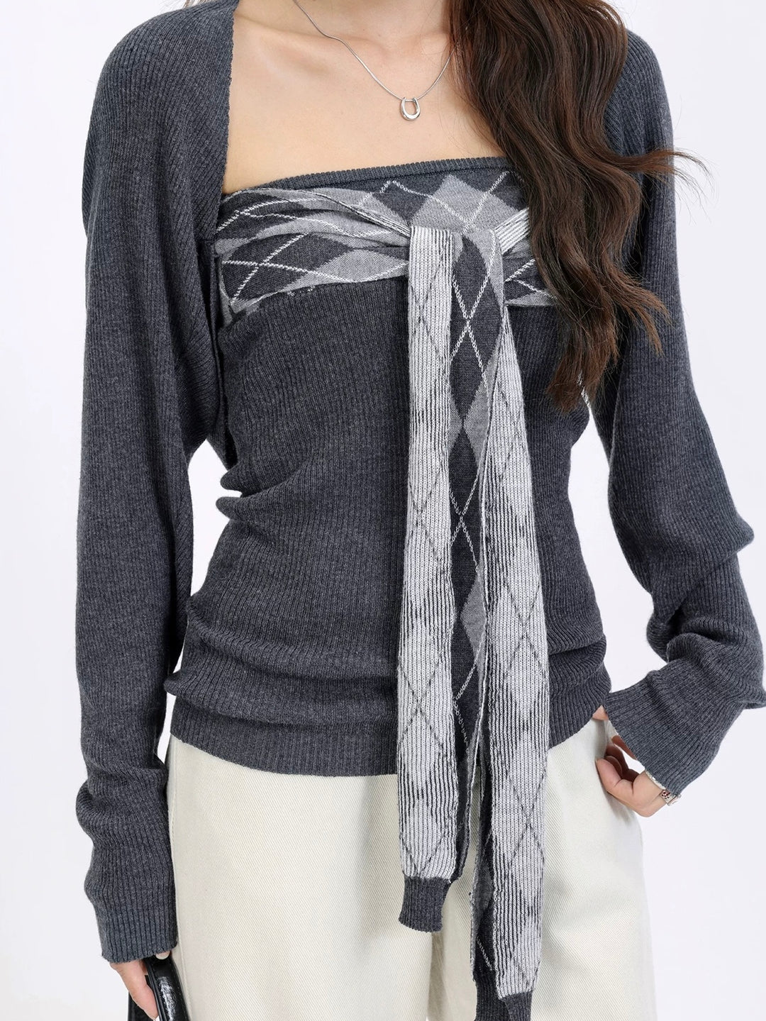 リボンアーガイルトップス×カーデニットセット Mc 613