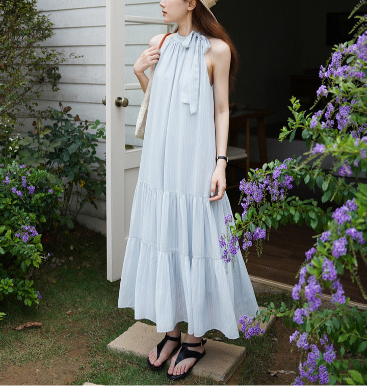 ホルターネックリボンシフォンティアードロングワンピース Mc 169