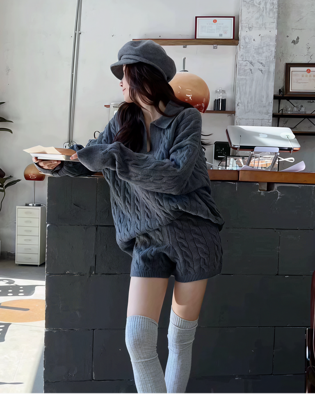 ポロ襟ツイストニット×ショートパンツセットアップ Mc 208