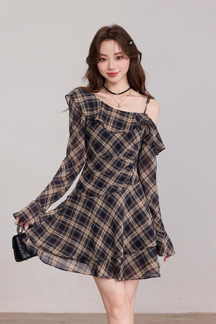 アシメチェックフリルシフォンワンピース Mc 539