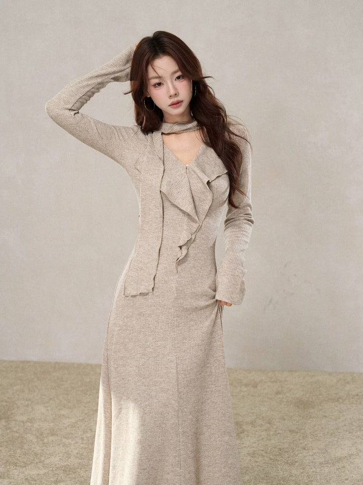 ラッフルスカーフデザインロングワンピース　Mc 580