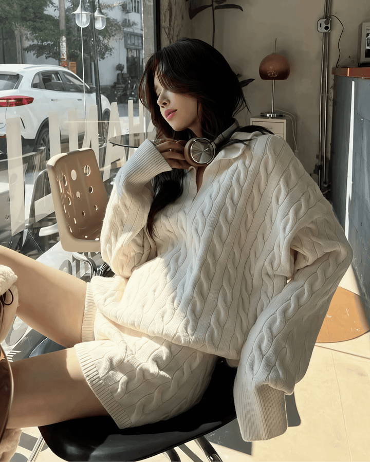 ポロ襟ツイストニット×ショートパンツセットアップ Mc 208