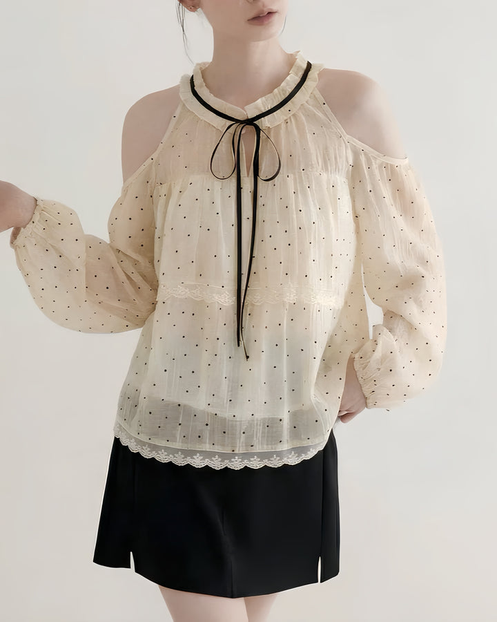 ドットチュールオフショルリボンブラウス Mc 804