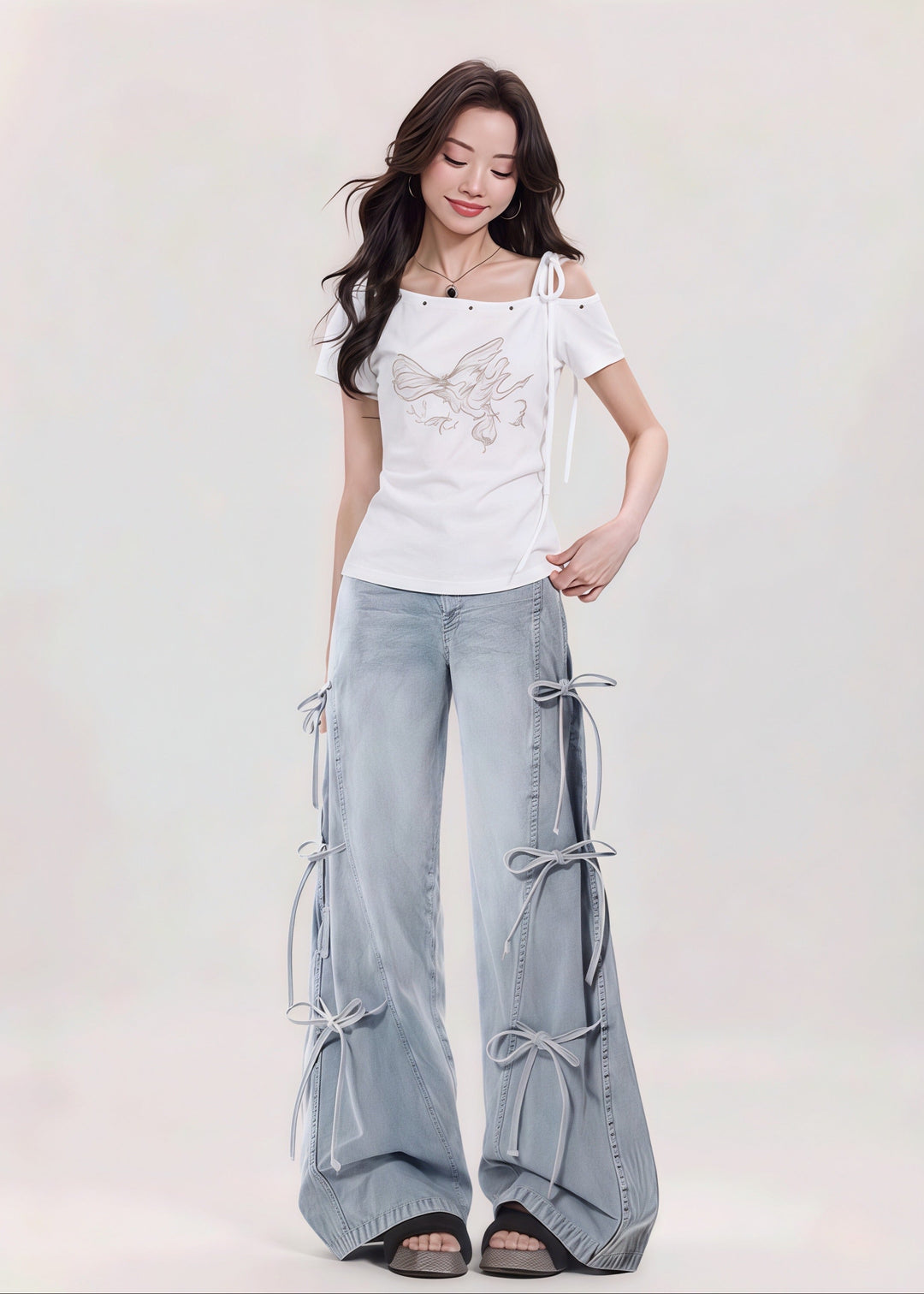 リボンレースアップ ワイドデニムパンツ Mc 739