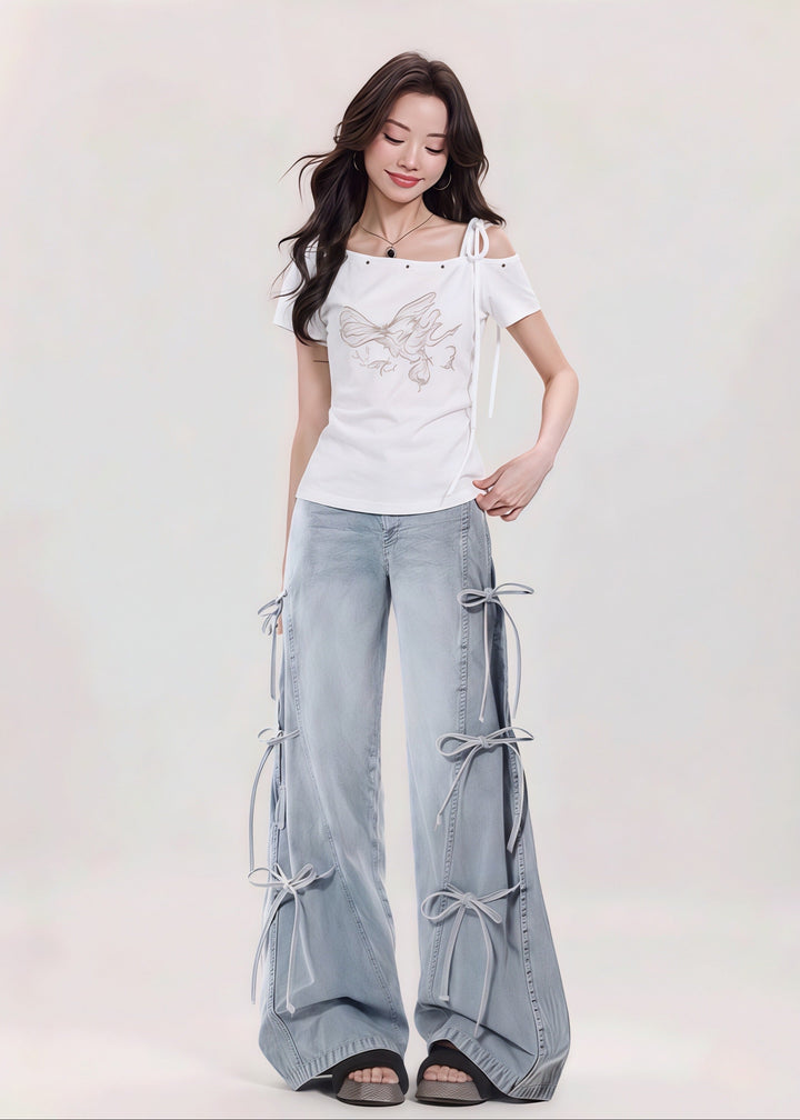 リボンレースアップ ワイドデニムパンツ Mc 739
