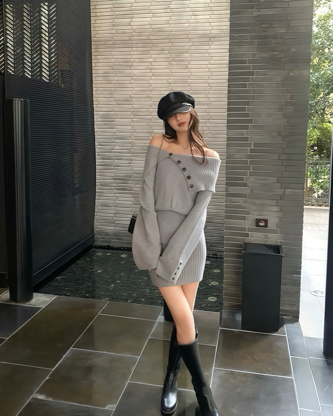 オフショルダーボタンタイトリブニットワンピース Mc 217