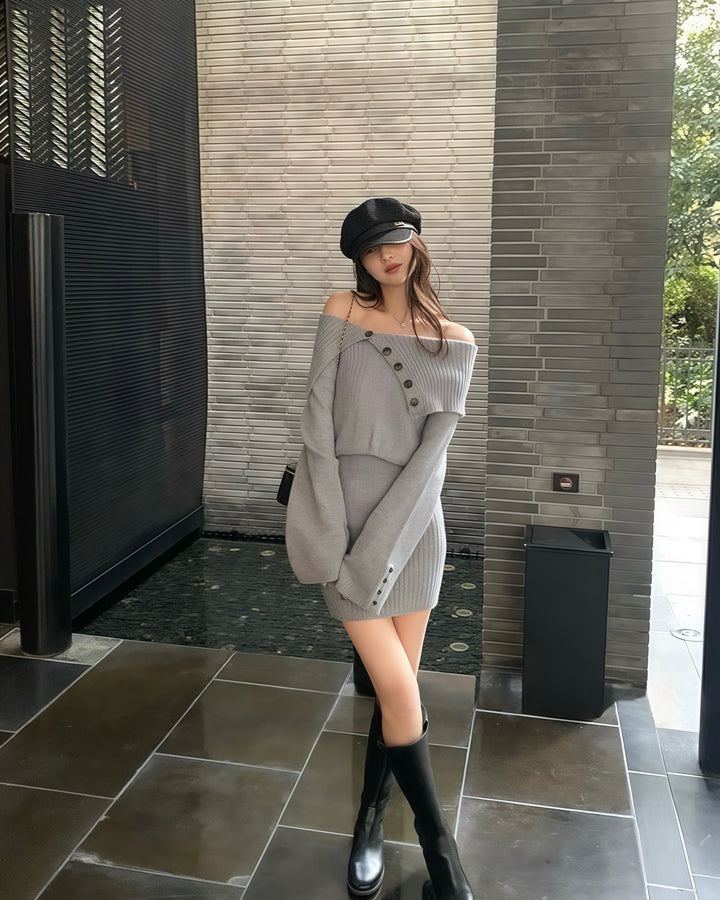 オフショルダーボタンタイトリブニットワンピース Mc 217