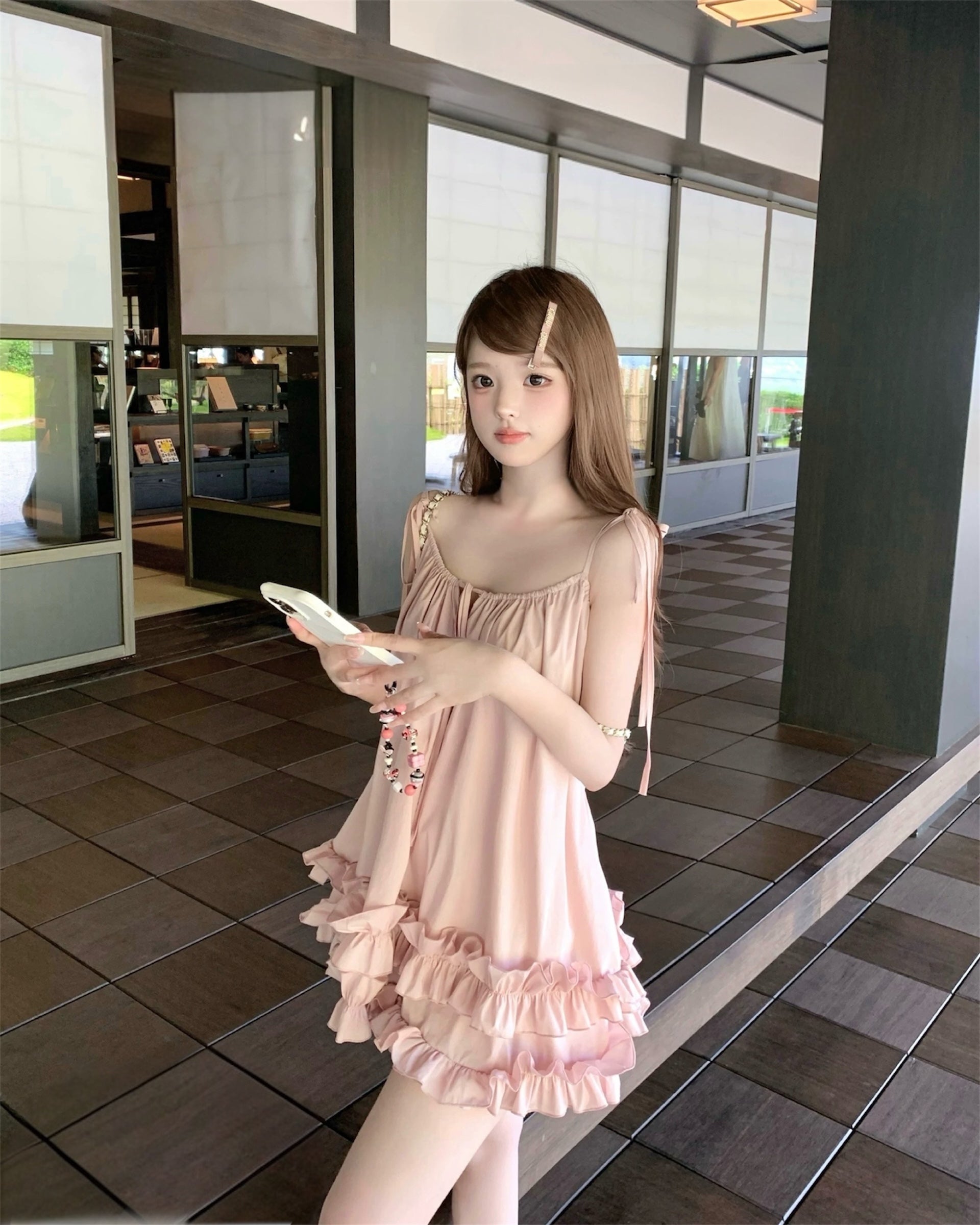 【ぴーちがーる】ホイップフリルミニワンピ ピンク インフルエンサー企画】ホイップフリルミニワンピ（ワンピース