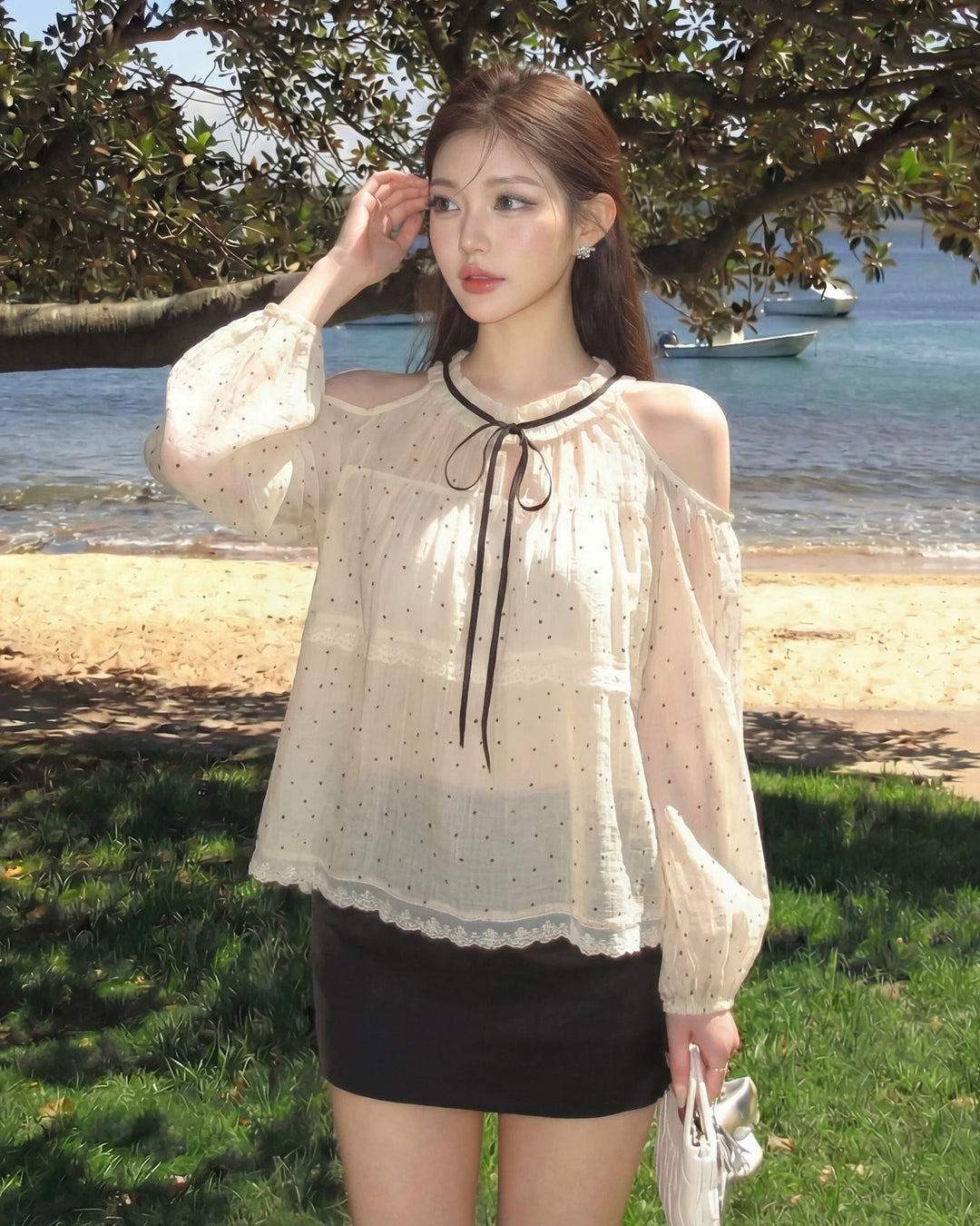 ドットチュールオフショルリボンブラウス Mc 804