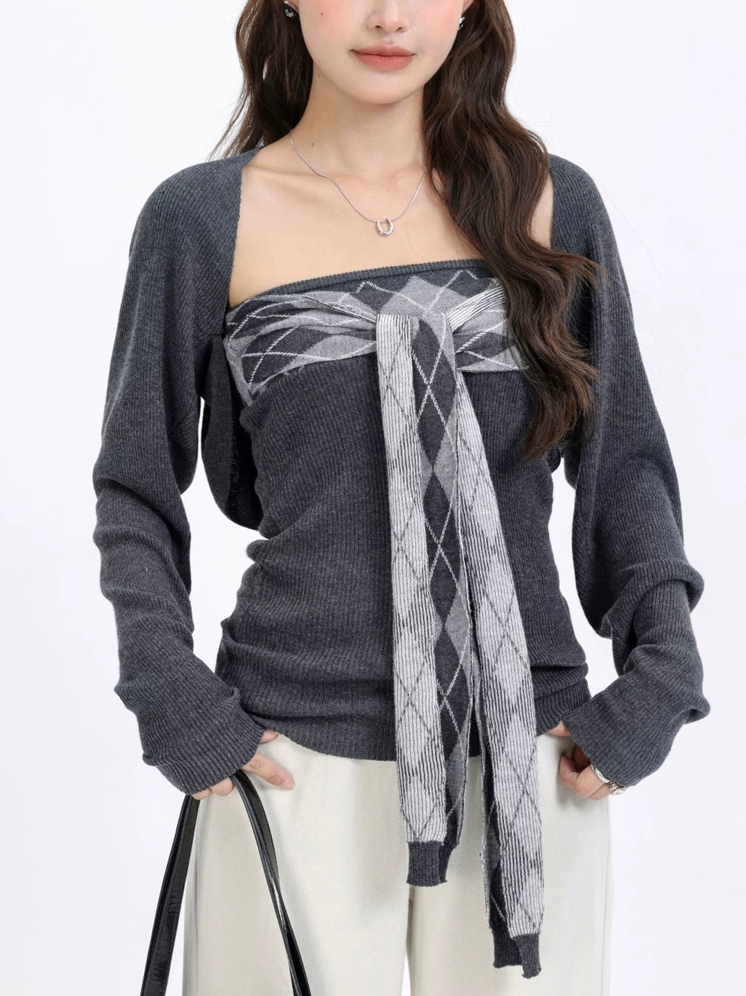 リボンアーガイルトップス×カーデニットセット Mc 613