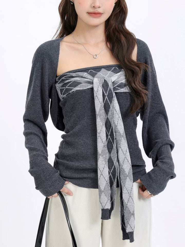 リボンアーガイルトップス×カーデニットセット Mc 613