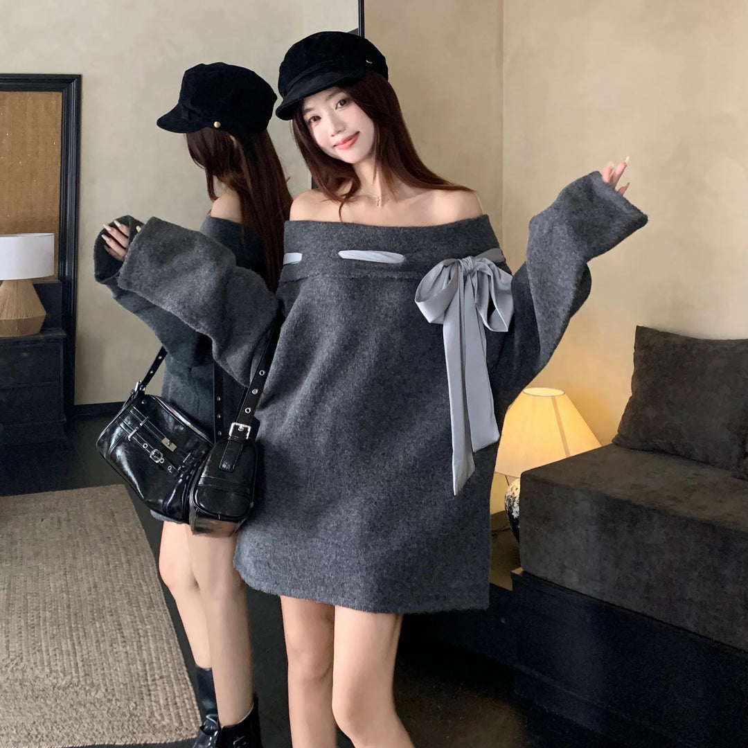 BIGリボンオフショルニットワンピース Mc 552