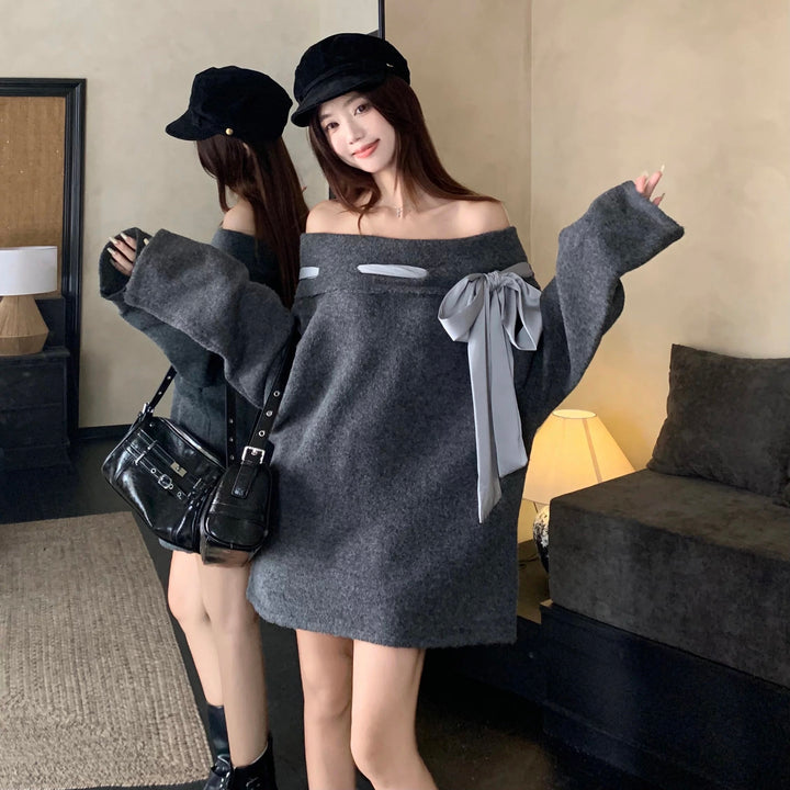 BIGリボンオフショルニットワンピース Mc 552