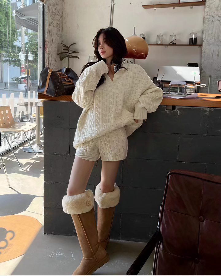 ポロ襟ツイストニット×ショートパンツセットアップ Mc 208