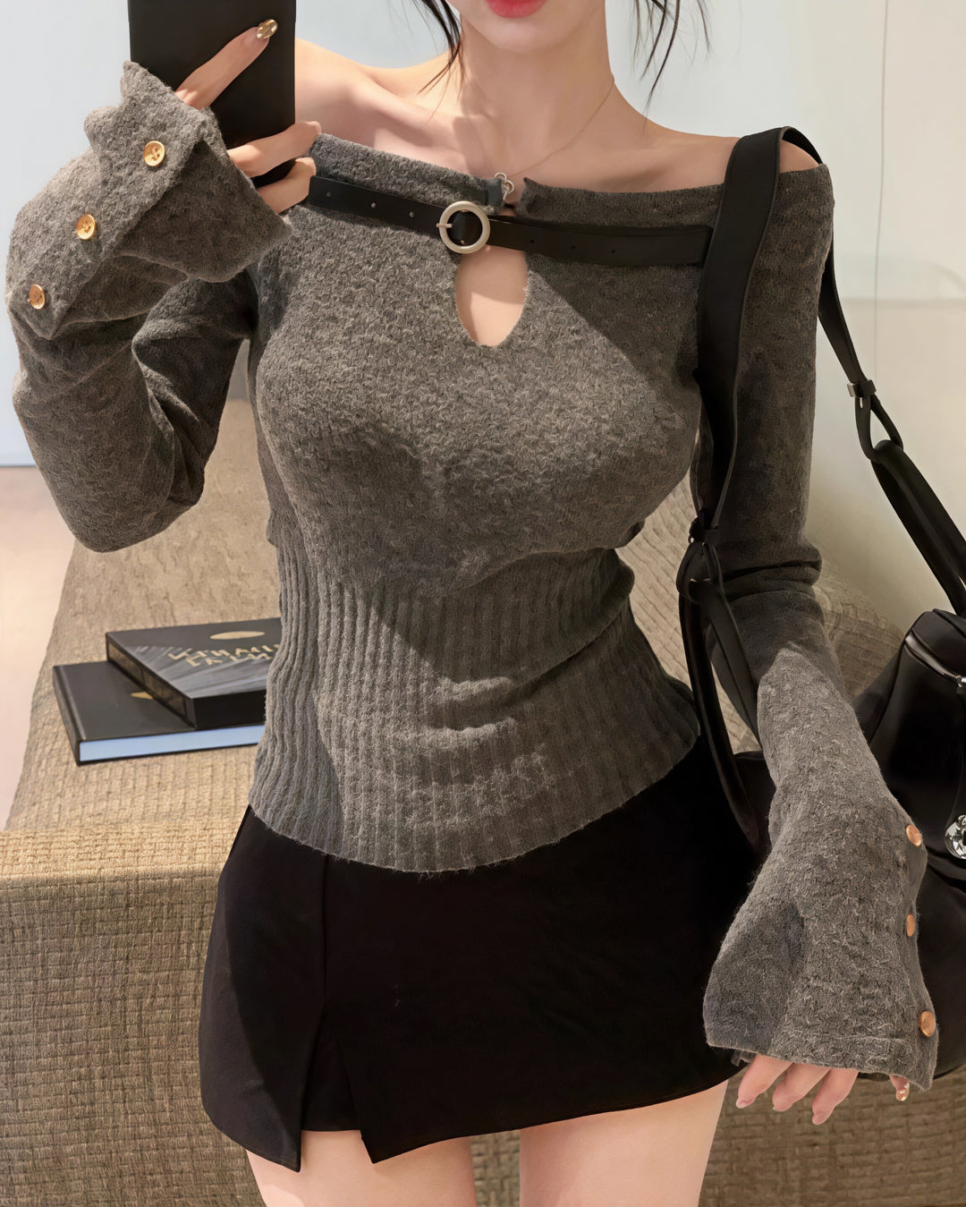 オフショルベルトスリムニットトップス Mc 291