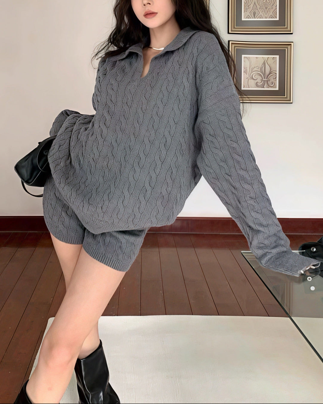 ポロ襟ツイストニット×ショートパンツセットアップ Mc 208