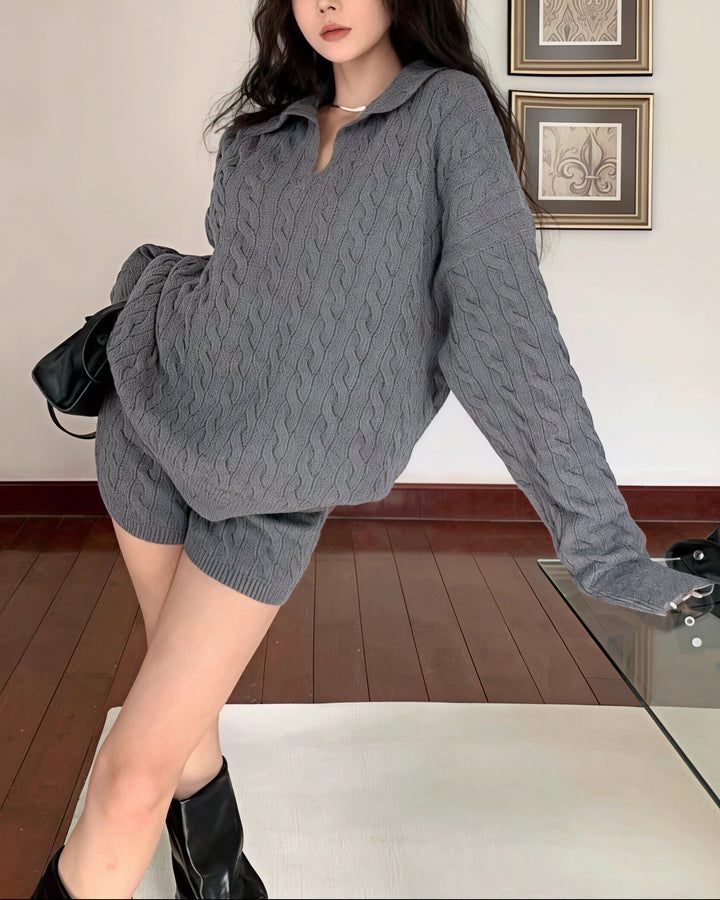 ポロ襟ツイストニット×ショートパンツセットアップ Mc 208