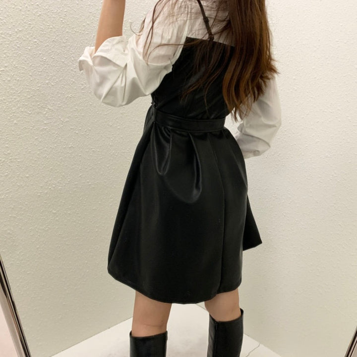 ベルト付きレザーキャミワンピース×シャツSET Mc 235
