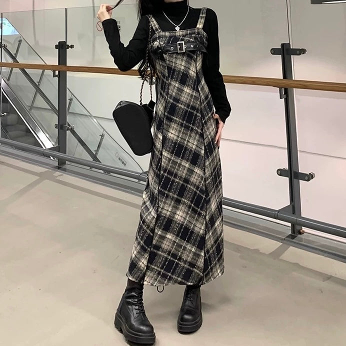 レザーベルトチェックロングワンピース Mc 296