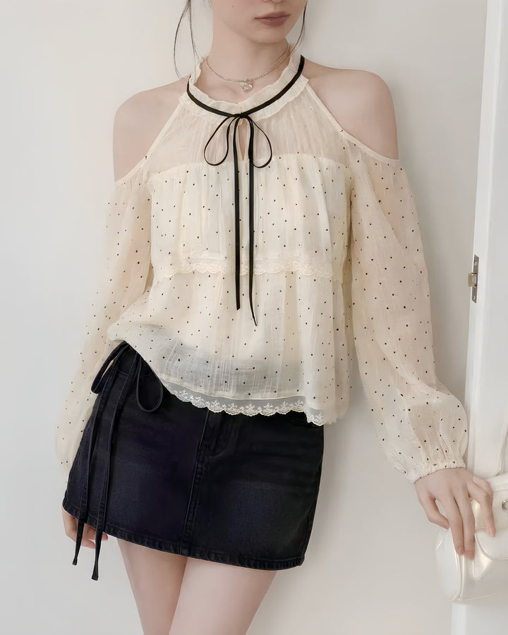 ドットチュールオフショルリボンブラウス Mc 804