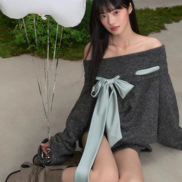 BIGリボンオフショルニットワンピース Mc 552