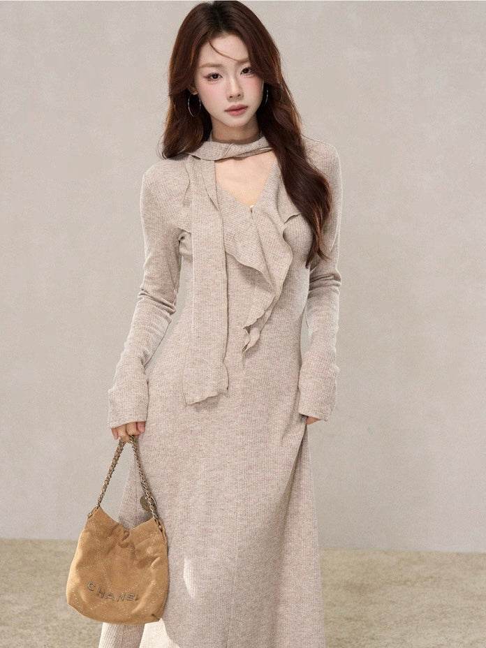 ラッフルスカーフデザインロングワンピース　Mc 580