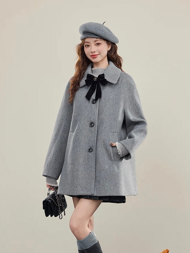 Aラインフェミニンリボンウールコート Mc 548