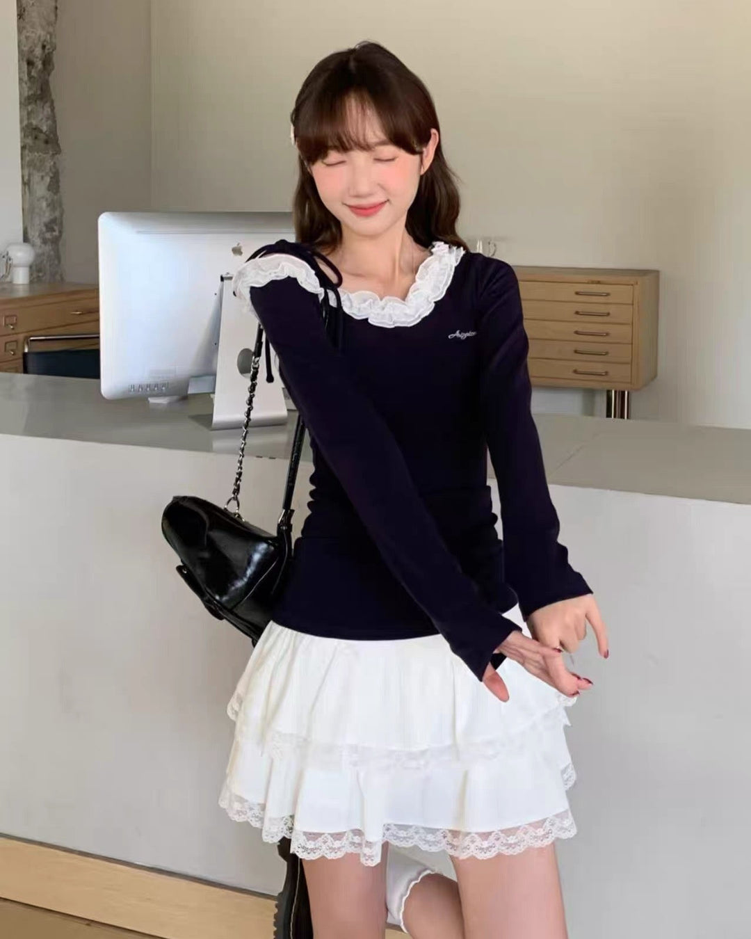 レースフリルワンショルロンT Mc591