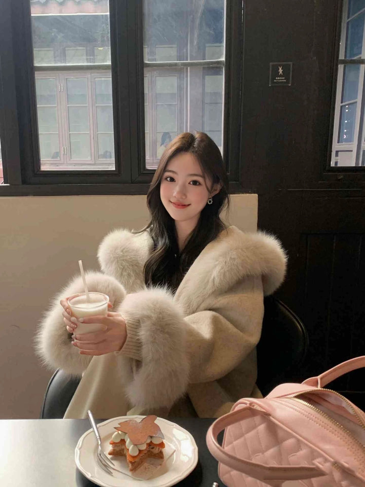 ベルト付きフードファーウールコート Mc 594