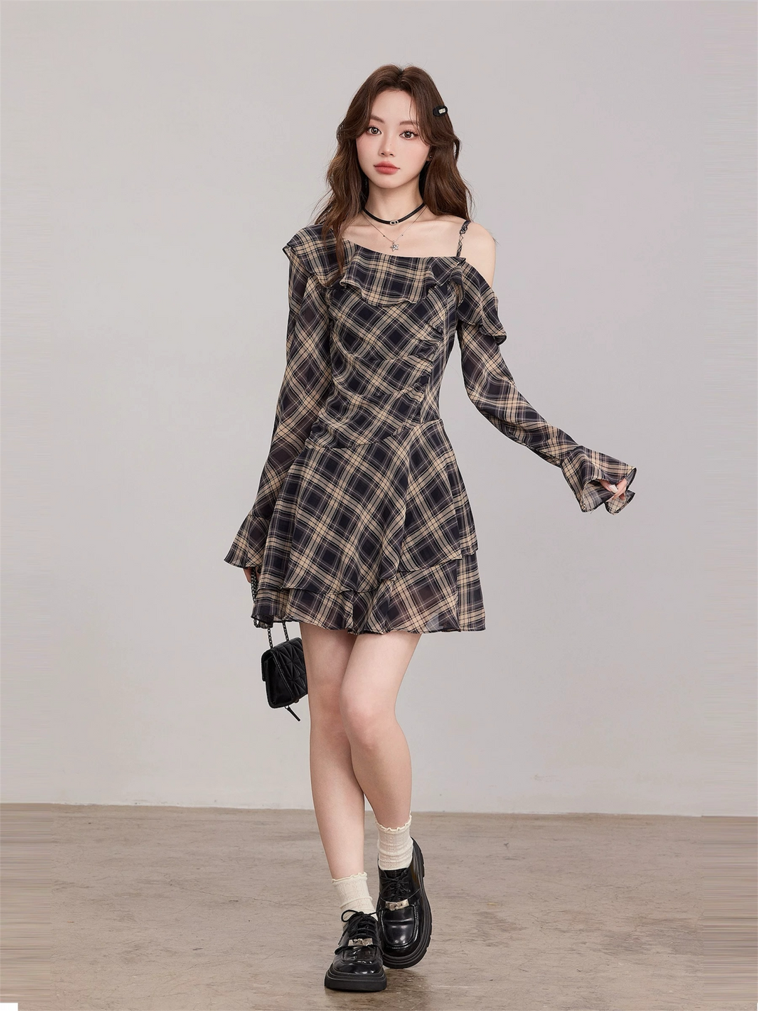 アシメチェックフリルシフォンワンピース Mc 539