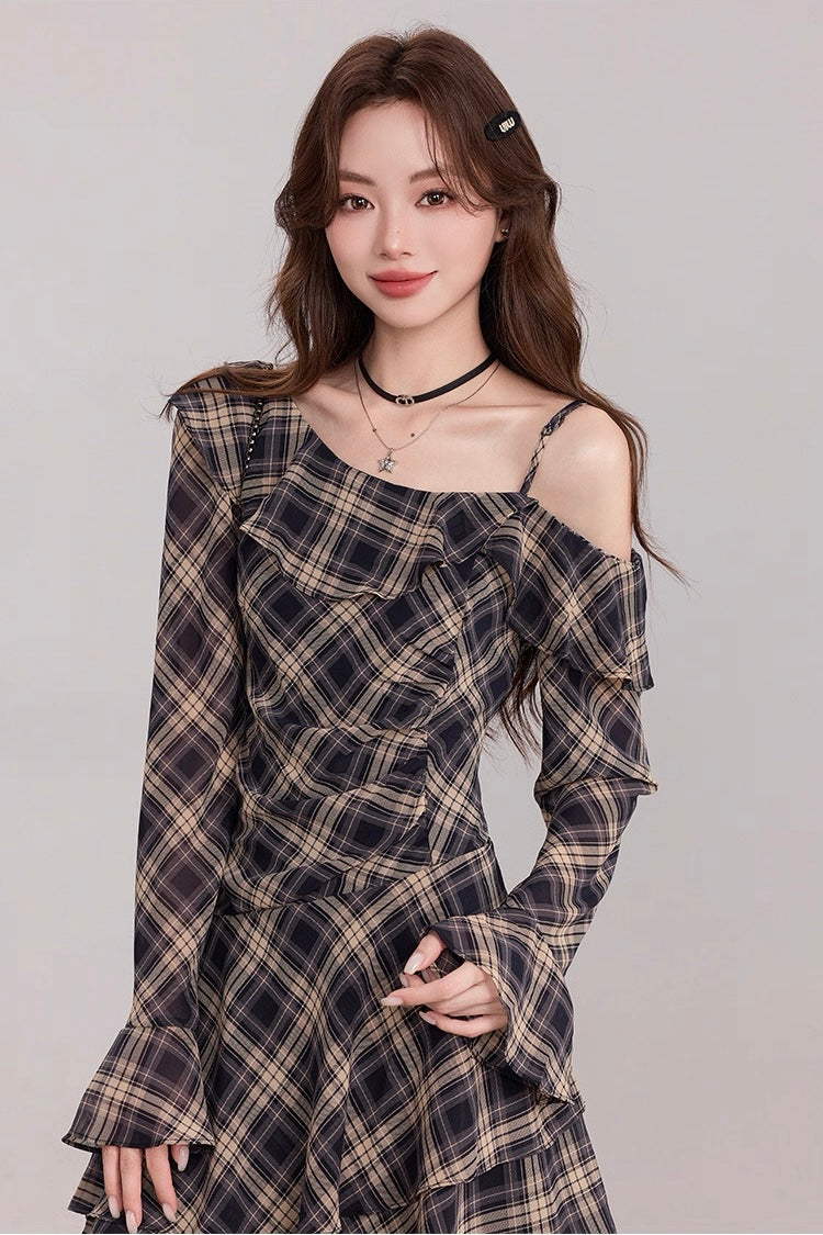 アシメチェックフリルシフォンワンピース Mc 539