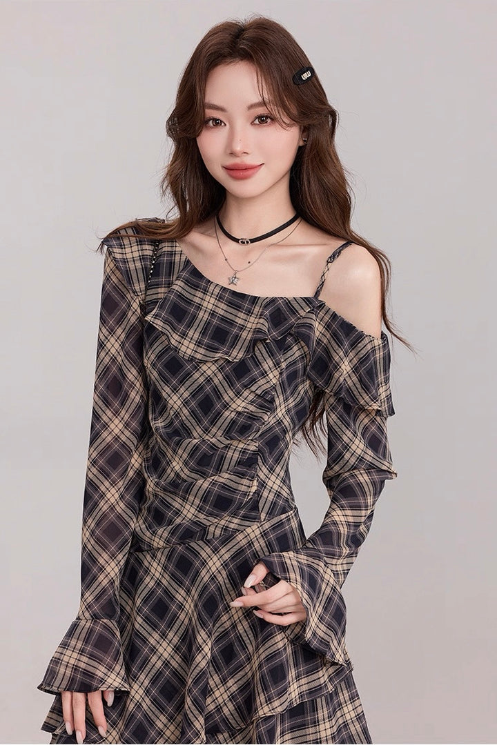 アシメチェックフリルシフォンワンピース Mc 539