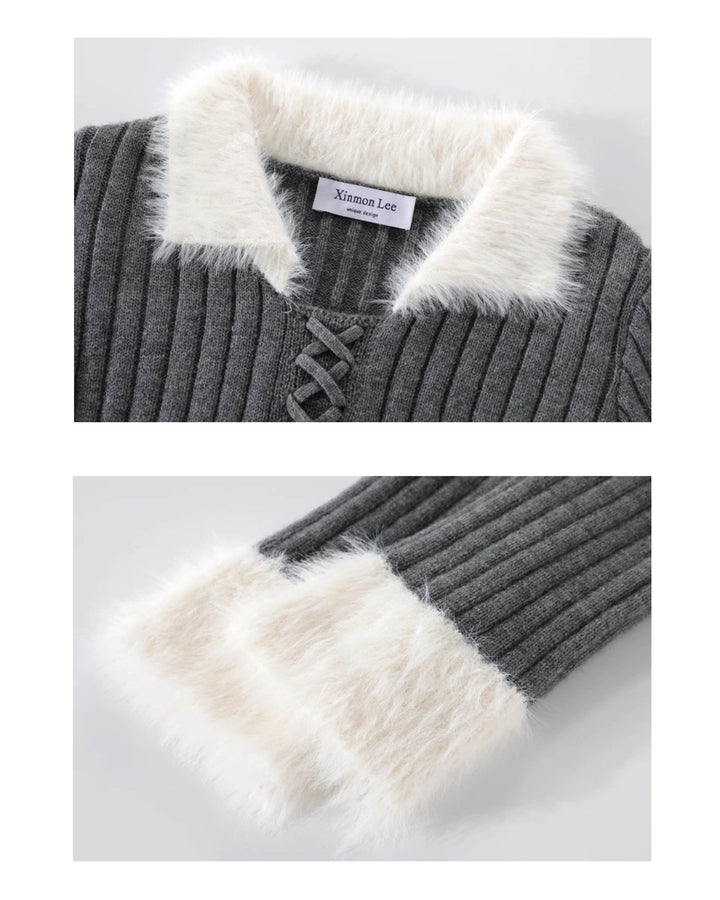 ファーフリルリブレースアップニットトップス Mc608