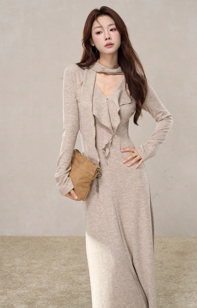 ラッフルスカーフデザインロングワンピース　Mc 580