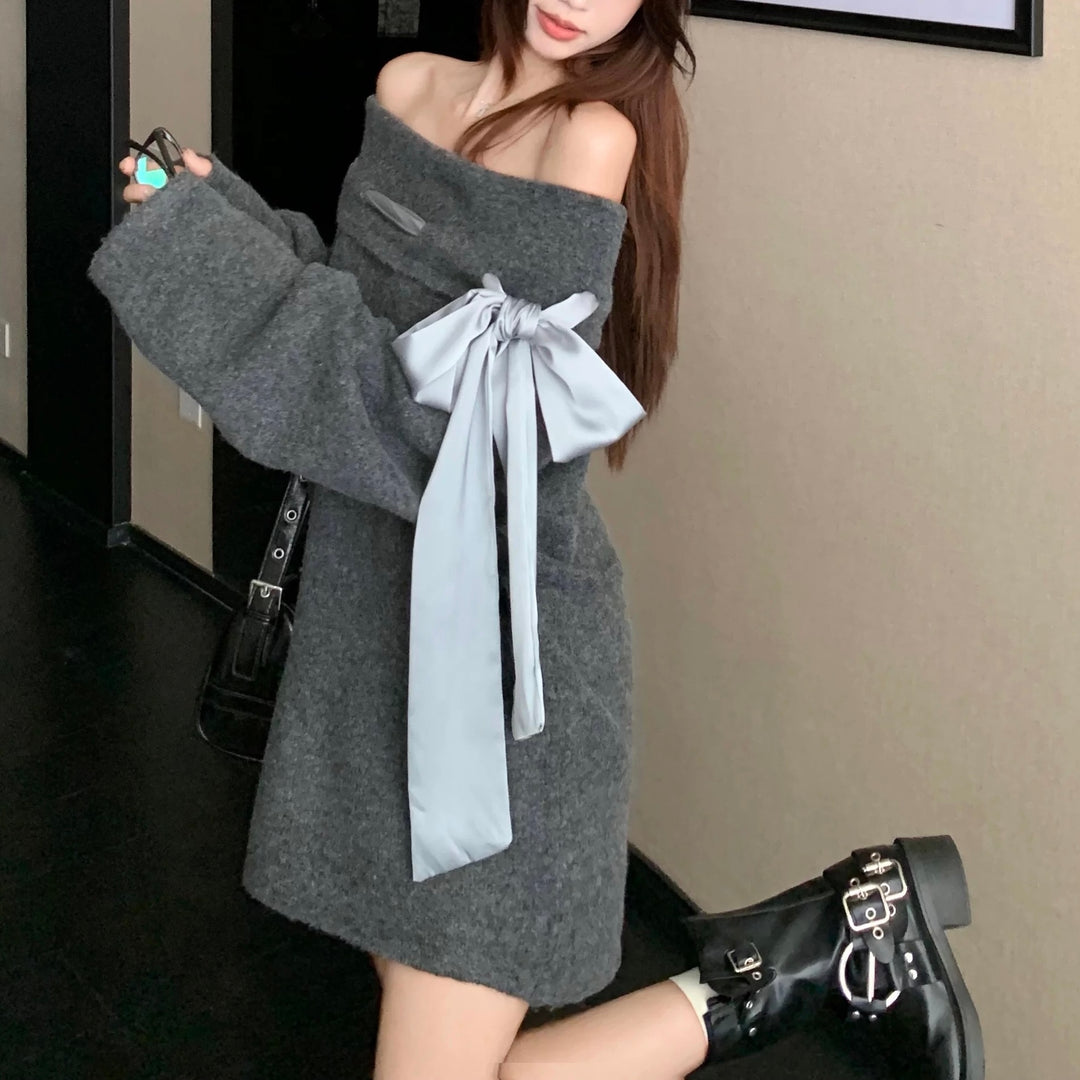 BIGリボンオフショルニットワンピース Mc 552