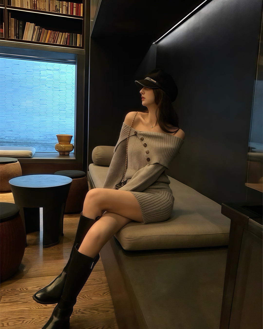 オフショルダーボタンタイトリブニットワンピース Mc 217