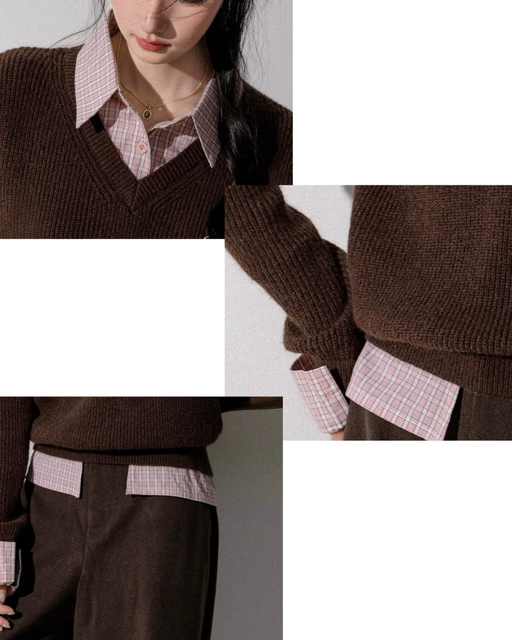 レイヤードチェックシャツ×Vネックニットトップス Mc 635