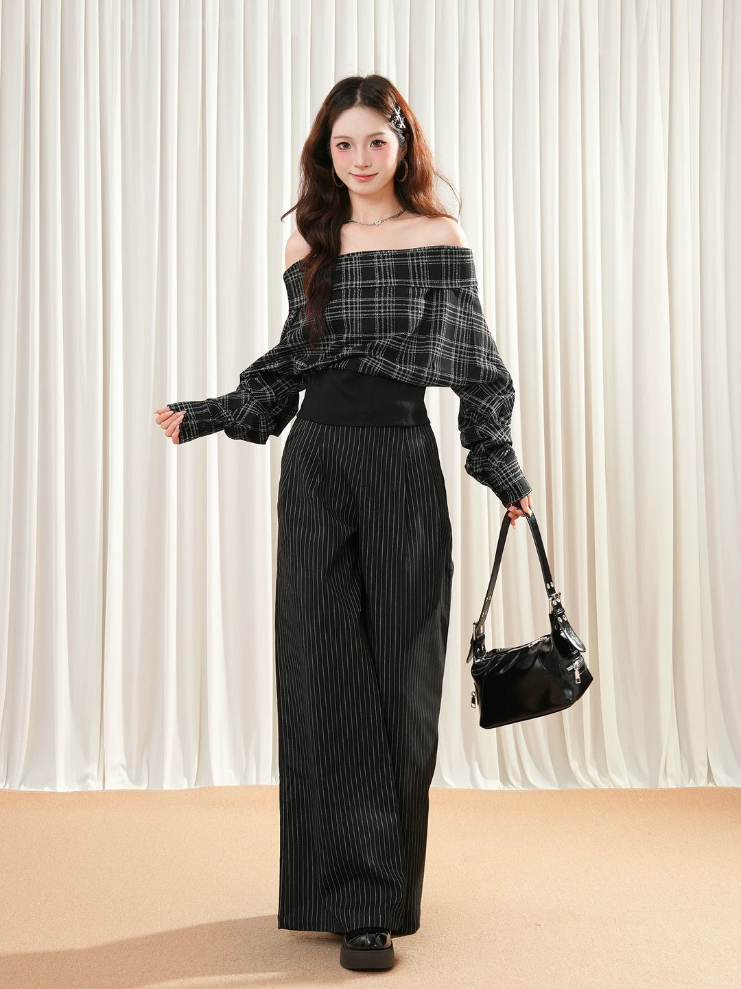 チェックオフショルジッパートップスMc 560