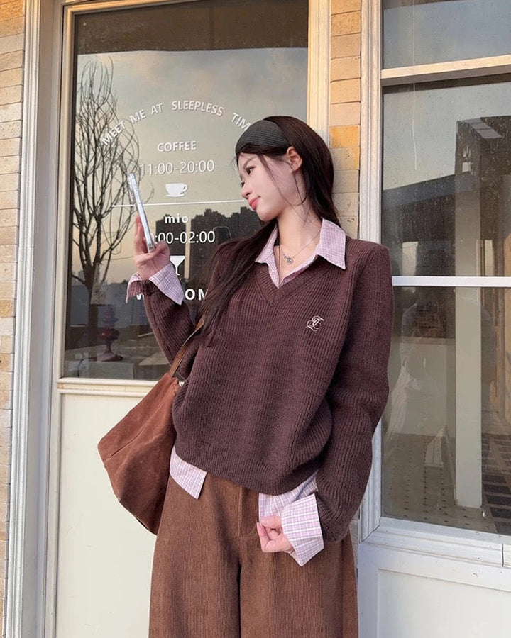 レイヤードチェックシャツ×Vネックニットトップス Mc 635