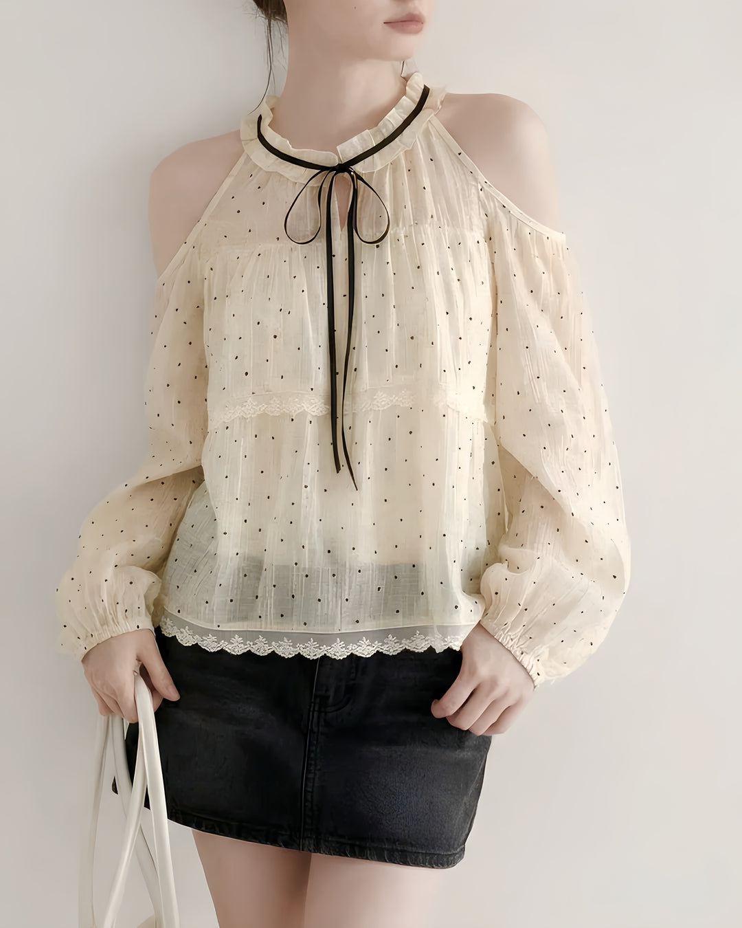 ドットチュールオフショルリボンブラウス Mc 804